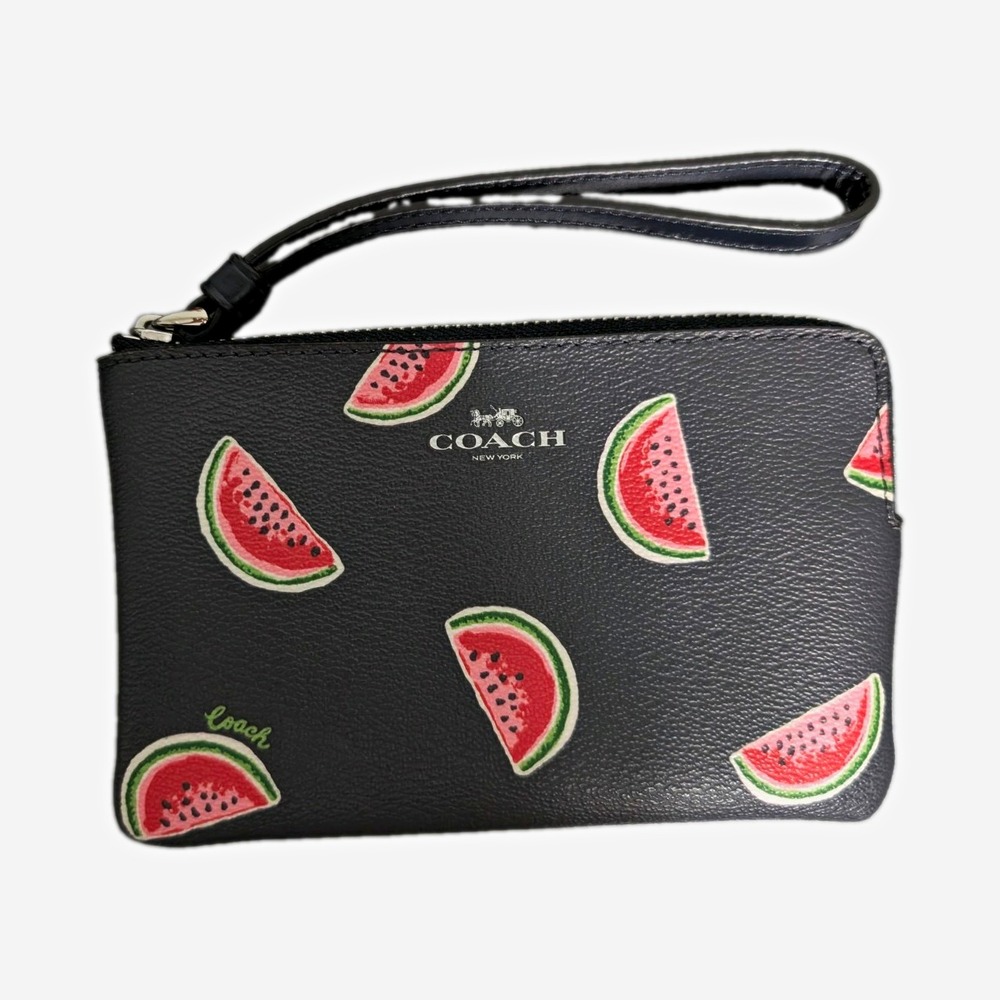Coach Watermelon Print Black Zip Wristlet Wallet Pouch Silver Logo